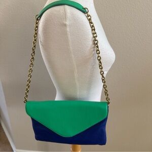 J Crew Colorblock Blue Green Leather Shoulder Bag East West 10in by 7in NWOT